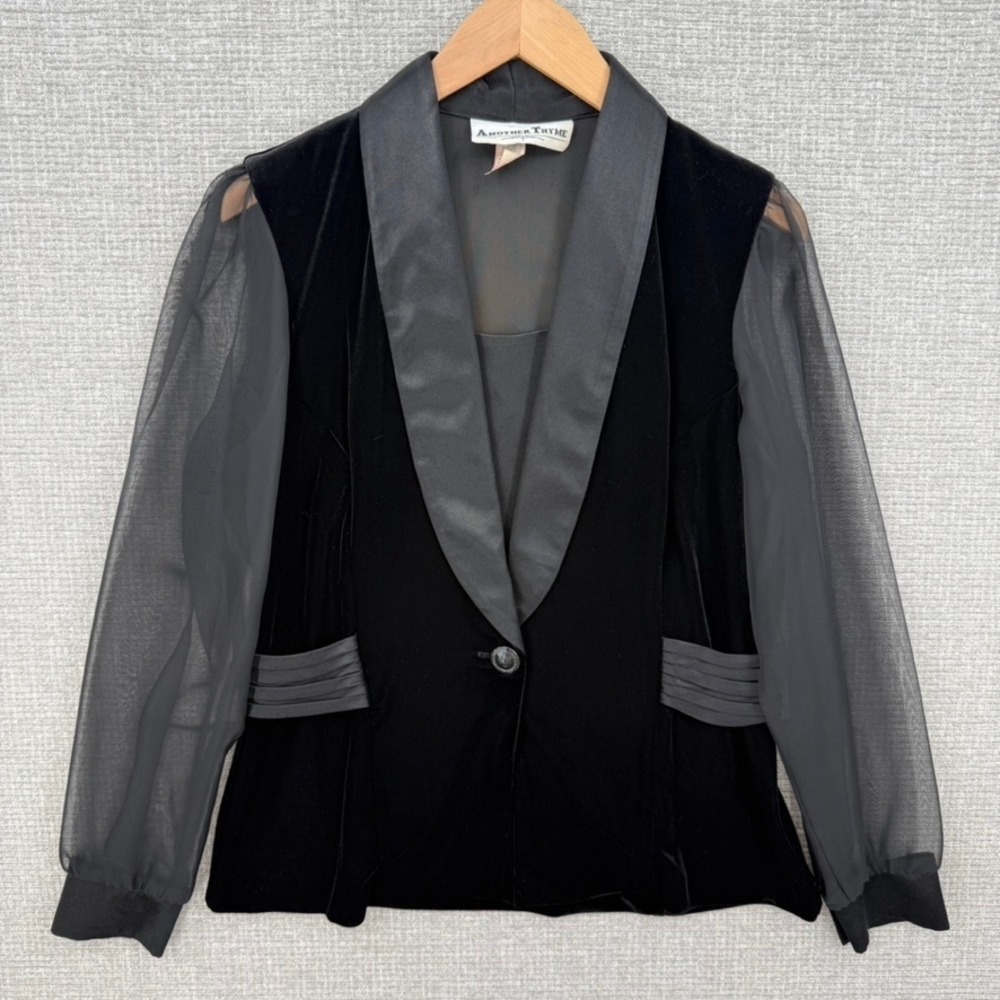 Vtg Another Thyme Velvet Sheer Sleeve Blazer Women M Black Goth